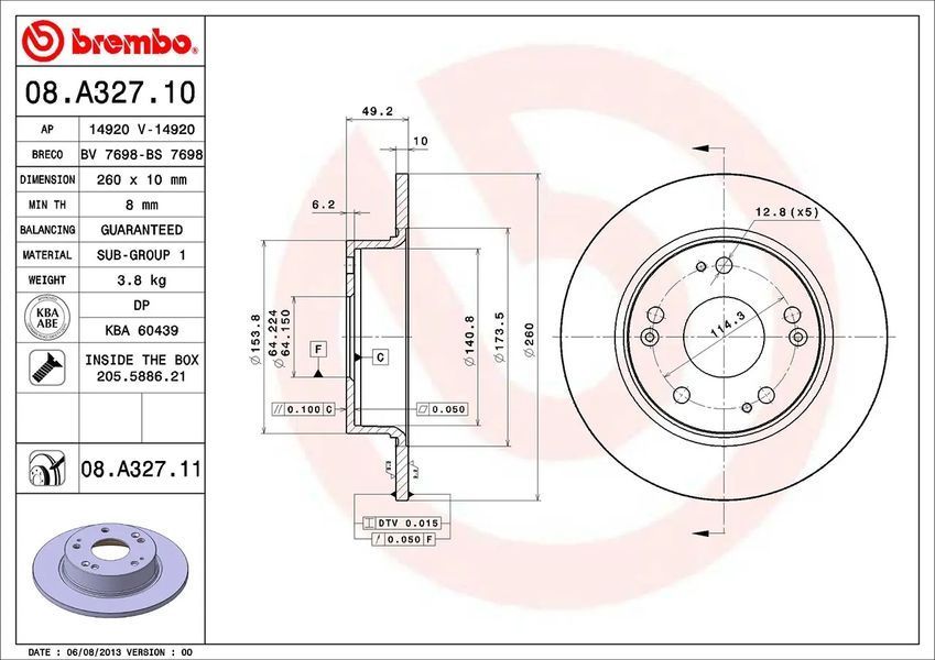 Гальмівний диск задній Brembo 08.A327.11 з УФ покриттям (42510-SEA-E00, 42510-SEA-E50) 08A32711 фото