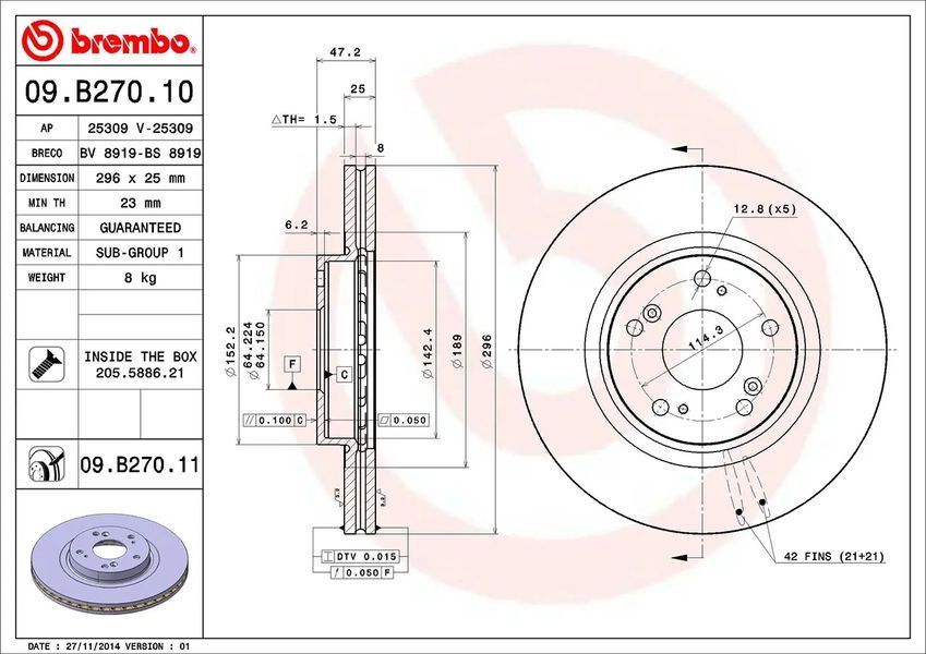 Гальмівний диск передній Brembo 09.B270.10 (45251-TL1-G00, 45251-TL1-G01) 09.B270.10 фото